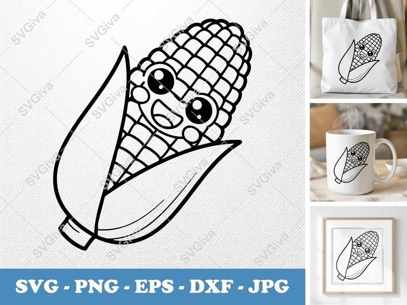 Corn with Smiling Face SVG PNG DXF EPS | Kawaii Food Cut File Cricut Silhouette