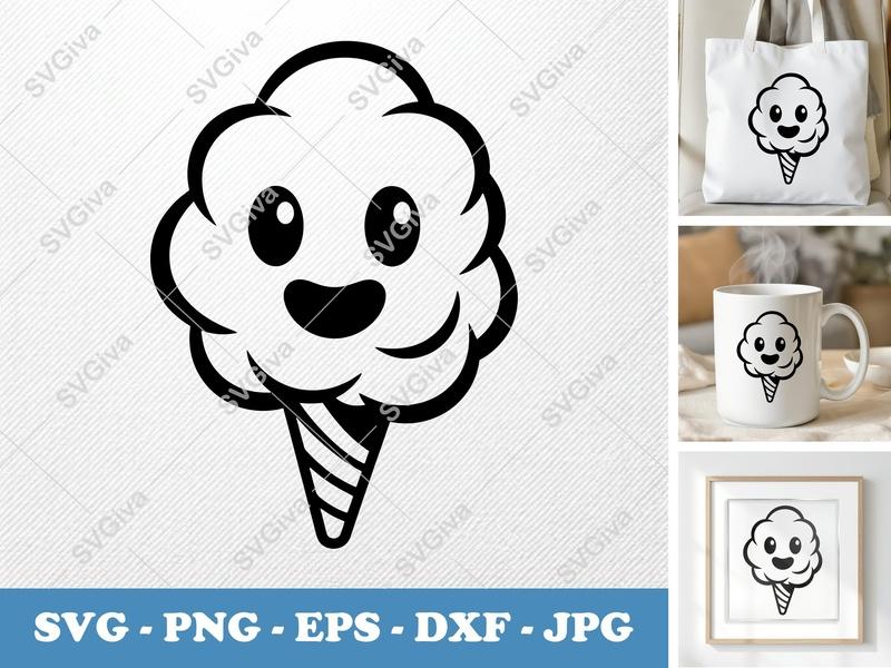 Cotton Candy SVG Kawaii Cute Face, Sweet Treat PNG EPS DXF, Cricut Silhouette Cut File, Snack Food Vector Clipart