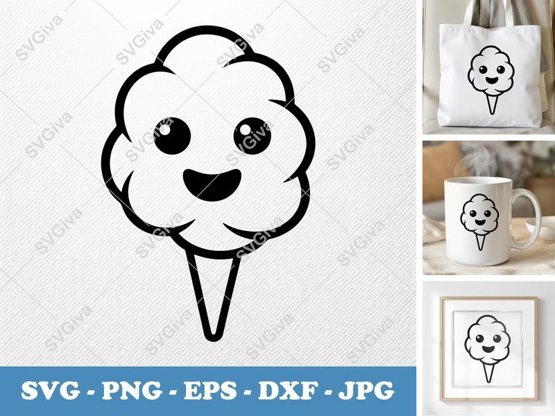 Cotton Candy SVG | Kawaii Happy Face Cut File, Modern Sweet Treat PNG EPS DXF for Cricut, Silhouette
