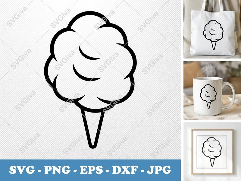 Cotton Candy SVG | Modern Outline Design, Black and White, PNG EPS DXF | Cricut Silhouette File, Sweet Treat Clipart