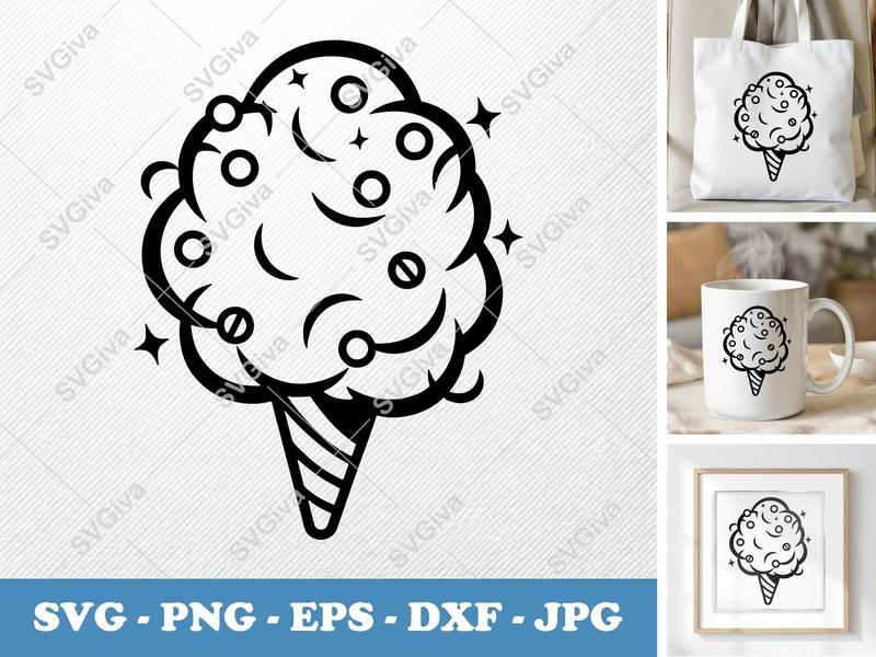 Cotton Candy SVG | Modern Swirls & Stars Cut File for Cricut & Silhouette | PNG, EPS, DXF | Cute Fair Food Design