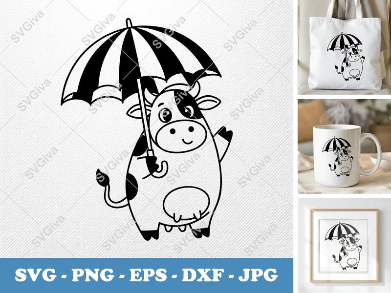 Cow holding umbrella SVG | Friendly Bean-Shaped Cut File | PNG DXF EPS | Cricut Silhouette Ready