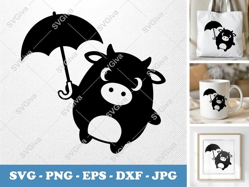 Cow Holding Umbrella SVG, Puffy Pillow-Soft Design | PNG DXF EPS | Cricut Silhouette Cut File