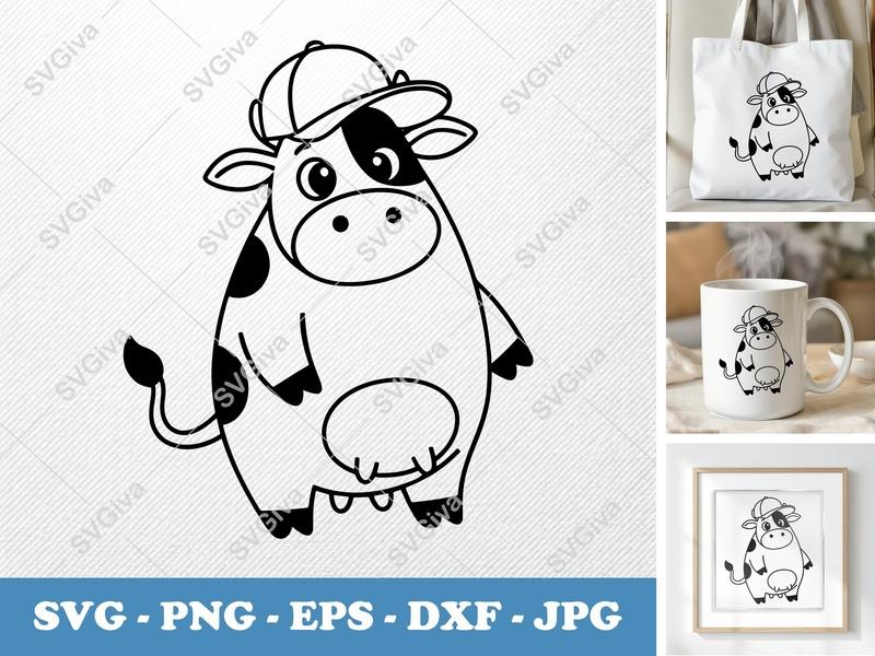 Cow in a Cap SVG | Friendly Rounded Body Bean-Shaped Cow Design | PNG DXF EPS | Cricut Silhouette File
