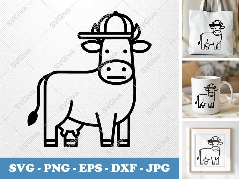 Cow in a Cap SVG | Minimalist Bold Outline Design | PNG DXF EPS | Cricut Silhouette File