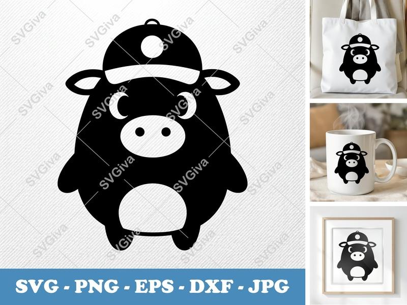 Cow in a Cap SVG | Puffy Cartoon Cow Cut File for Cricut | Soft Inflated Forms PNG DXF EPS