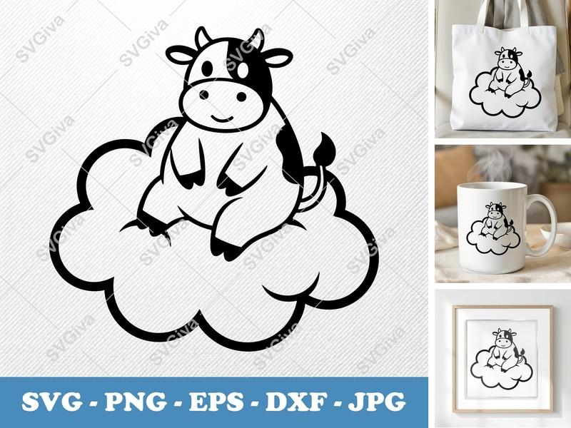Cow on Cloud SVG, Cute Cartoon Calf PNG, EPS, DXF | Farm Animal Clipart for Cricut & Silhouette, Baby Nursery Design