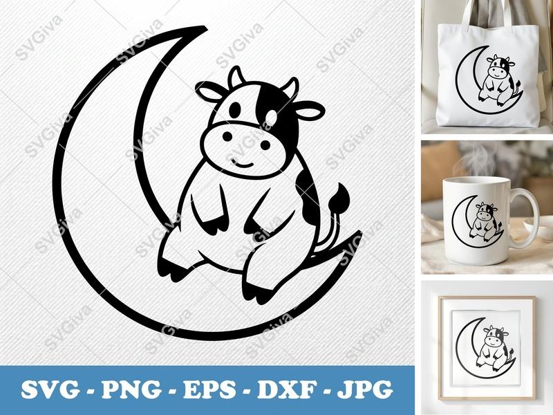 Cow on Moon SVG | Cute Cartoon Animal Clipart | Farm Baby Nursery | Digital Download for Cricut, Silhouette | PNG EPS DXF Files