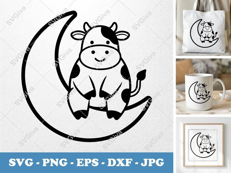 Cow on Moon SVG | Cute Dairy Farm Animal PNG, EPS, DXF Cut File for Cricut, Silhouette, Baby Nursery Decor
