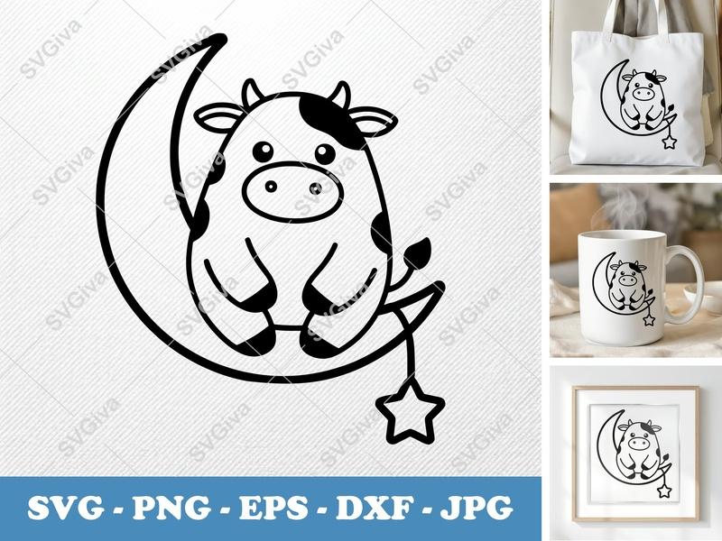 Cow on Moon SVG | Cute Nursery Animal DXF, PNG, EPS Cut File for Cricut, Silhouette | Modern Baby Farm Decor