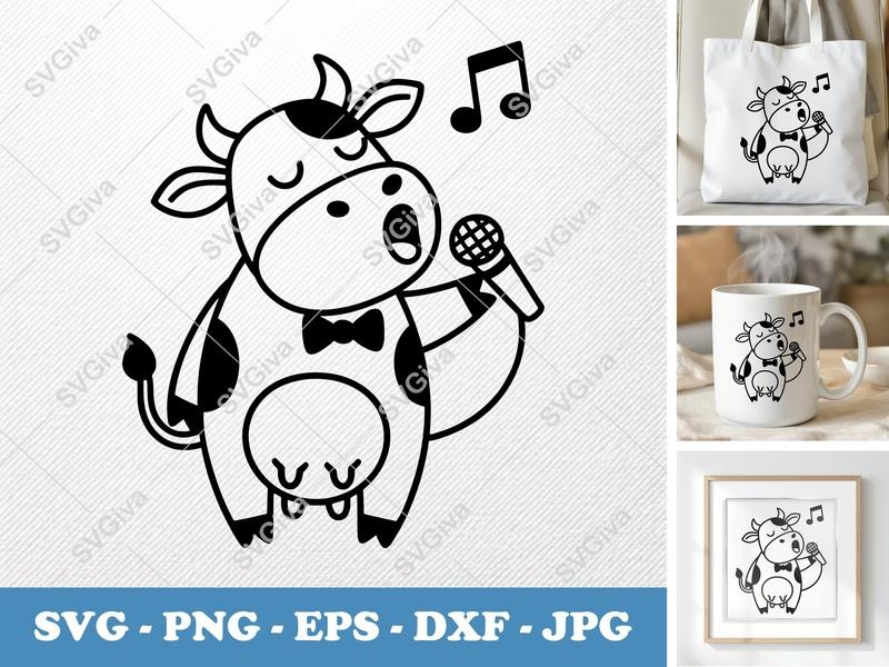 Cow Singing SVG, Cartoon Cow with Microphone PNG, EPS, DXF | Cricut & Silhouette Cut File | Music Animal Farm Clipart