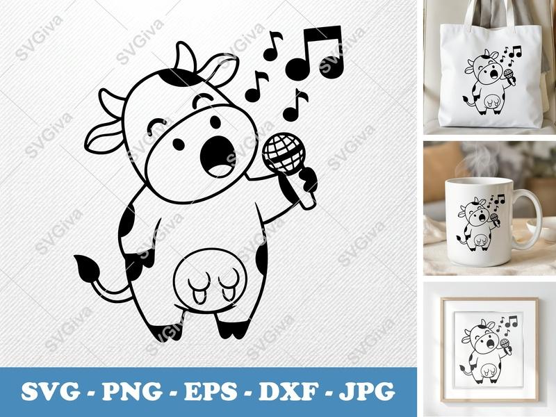 Cow Singing SVG, Cute Microphone Music Notes PNG, EPS, DXF Cut File for Cricut & Silhouette, Modern Farm Animal Clipart