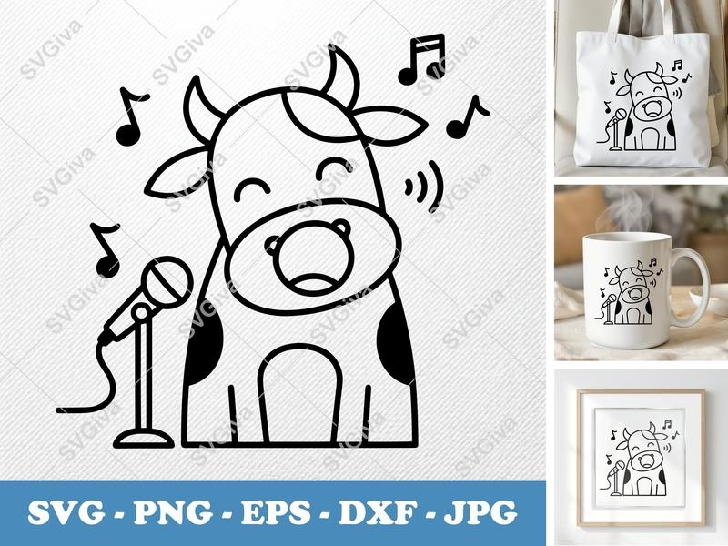 Cow Singing SVG | Double-Outline Cartoon Design | PNG DXF EPS | Cricut Silhouette Cut File | Farm Animal Music Art