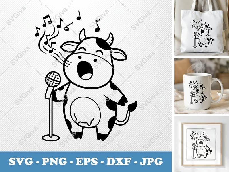 Cow Singing SVG | Puffy Cartoon Cow Cut File | Inflated Style PNG DXF EPS for Cricut Silhouette