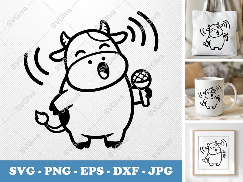 Cow Singing SVG | Puffy Cartoon Vector | Inflated Animal Cut File | PNG DXF EPS for Cricut Silhouette