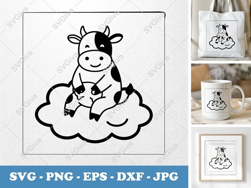 Cow Sitting on a Cloud SVG PNG DXF EPS | Cricut Silhouette Cut File