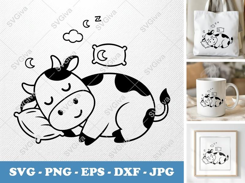 Cow Sleeping SVG | Cute Farm Animal Cut File, Modern Baby Nursery Design | PNG EPS DXF for Cricut & Silhouette