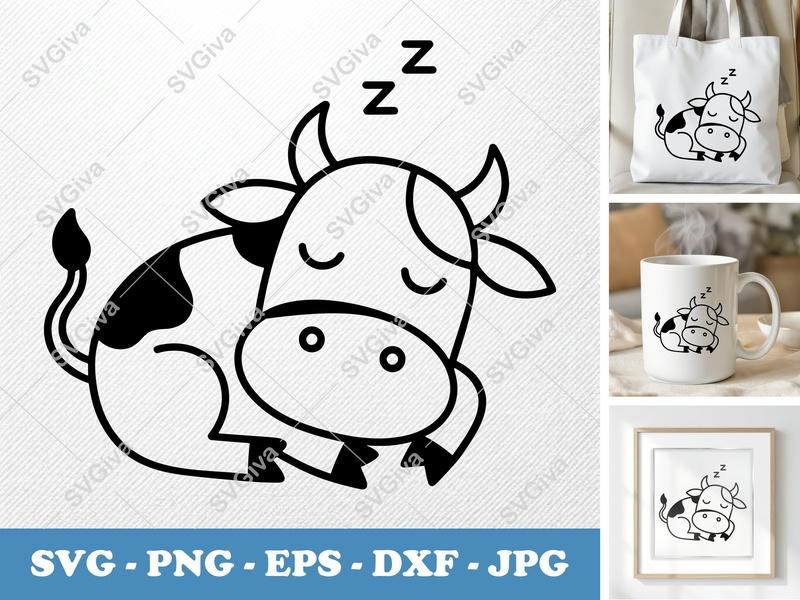 Cow Sleeping SVG, Double-Outline Minimalist Design | PNG, DXF, EPS | Cricut & Silhouette File