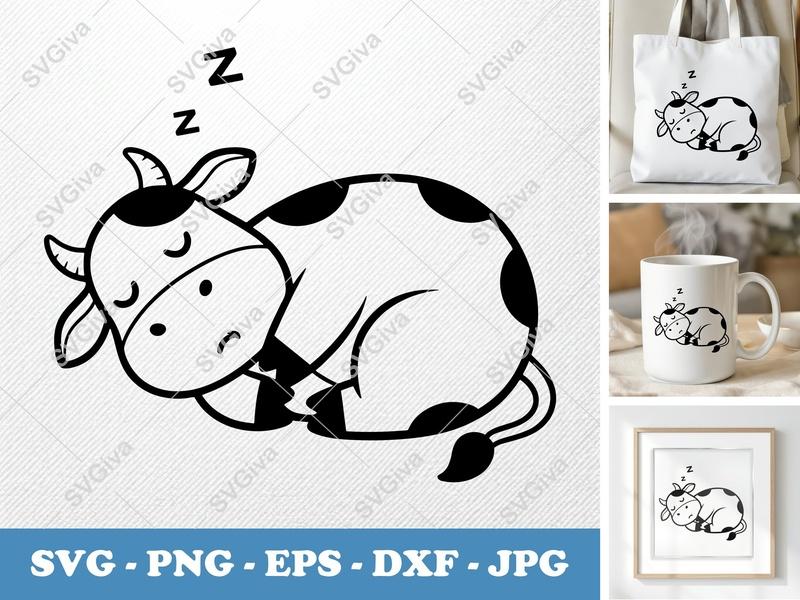 Cow Sleeping SVG, Puffy Pillow Soft Shapes | PNG DXF EPS | Cricut Silhouette Cut File | Farm Animal