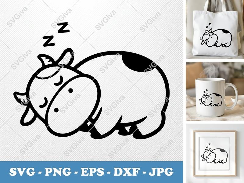Cow Sleeping SVG, Puffy Pillow Soft Shapes, PNG DXF EPS, Cricut Silhouette Cut File, Farm Animal Digital Design