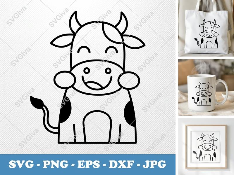 Cow Smiling Happily SVG | Double-Outline Minimalist Cut File | Thick Contour, Thin Lines | PNG DXF EPS for Cricut Silhouette