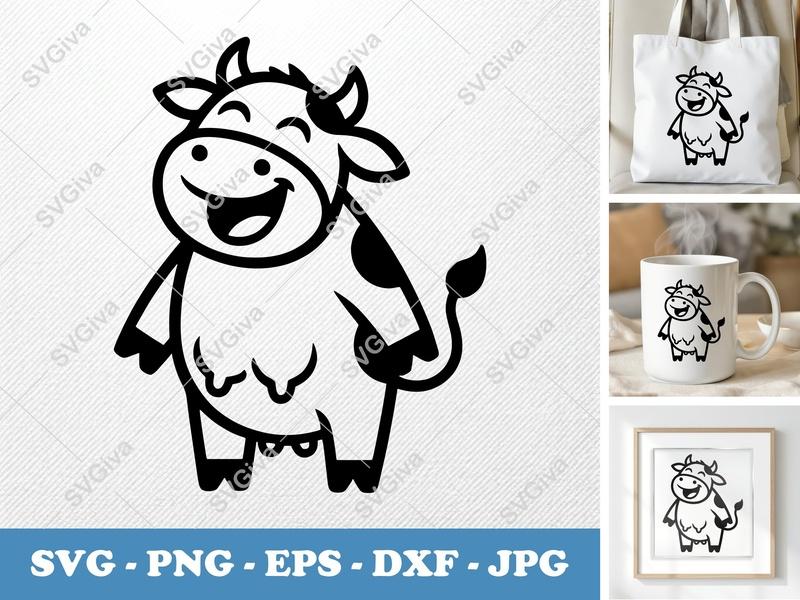 Cow Smiling Happily SVG | Minimalist Farm Animal Cut File | Bold Contour PNG DXF EPS | Cricut Silhouette Ready