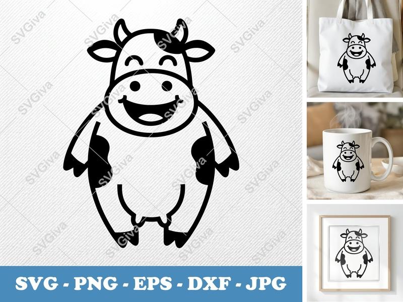 Cow Smiling Happily SVG PNG DXF EPS | Farm Animal Cricut Silhouette Cut File Vector Art