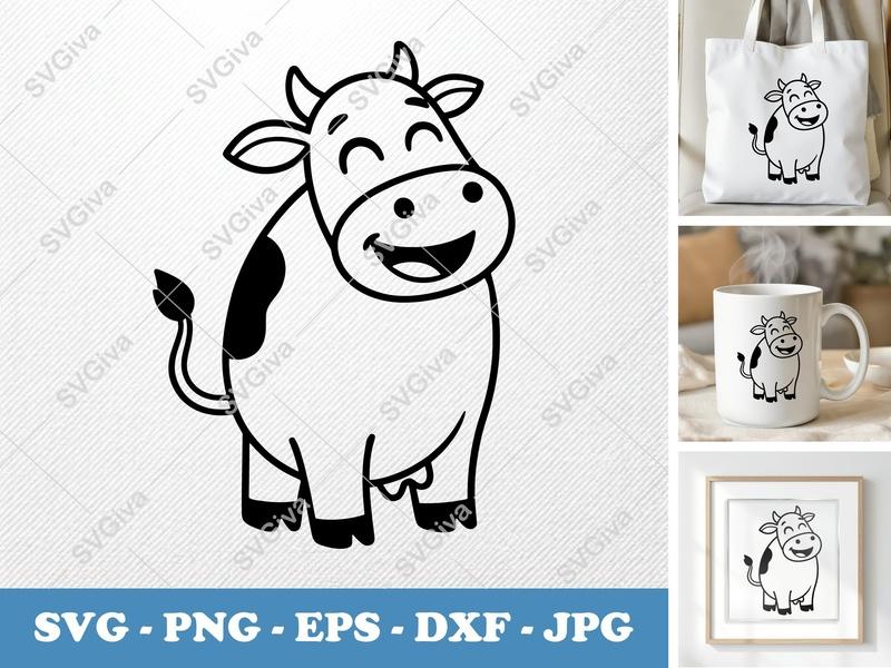 Cow Smiling Happily SVG PNG DXF EPS | Farm Animal Cut File Cricut Silhouette Vector