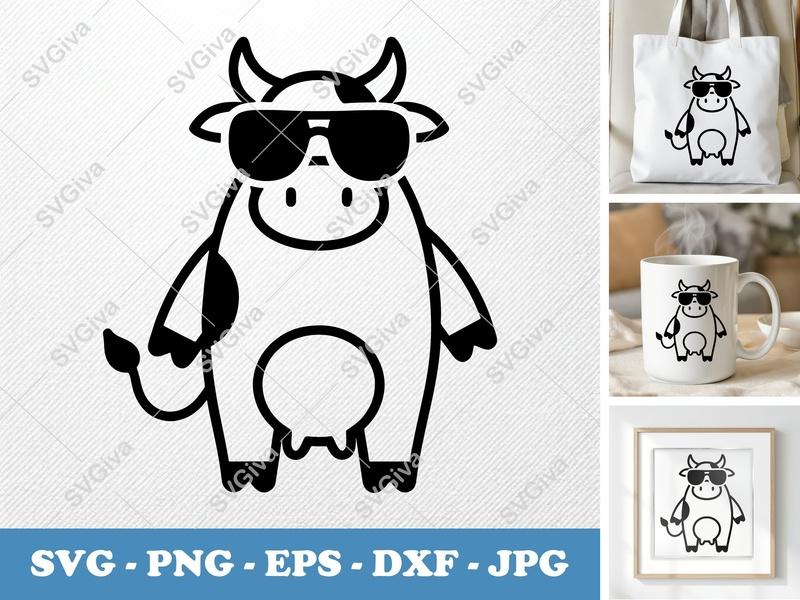 Cow SVG, Cool Cow with Sunglasses Cut File | Farm Animal PNG, EPS, DXF for Cricut & Silhouette, Modern Udder Design