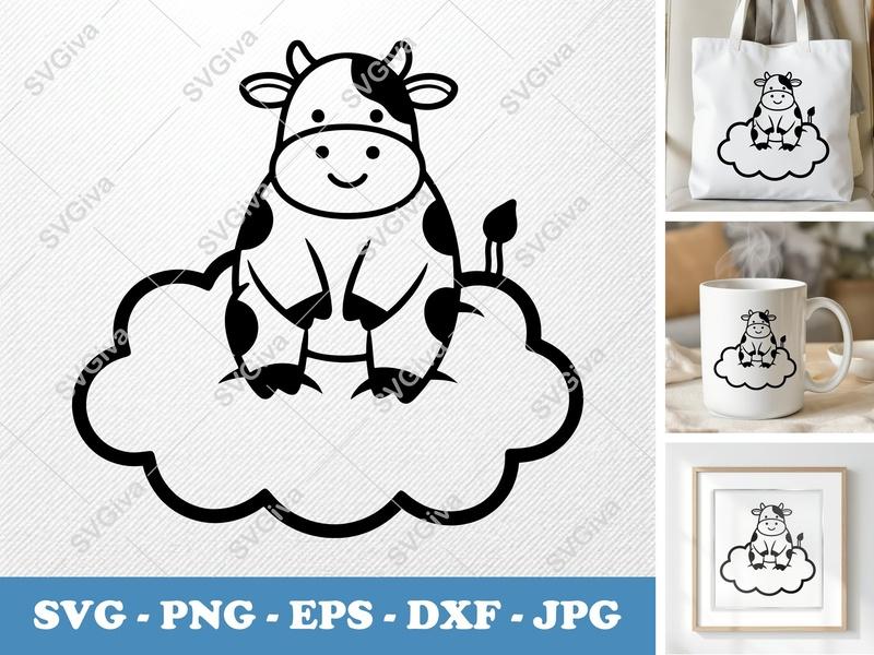 Cow SVG | Cute Baby Calf on Cloud, Modern Farm Animal Design | PNG EPS DXF for Cricut & Silhouette