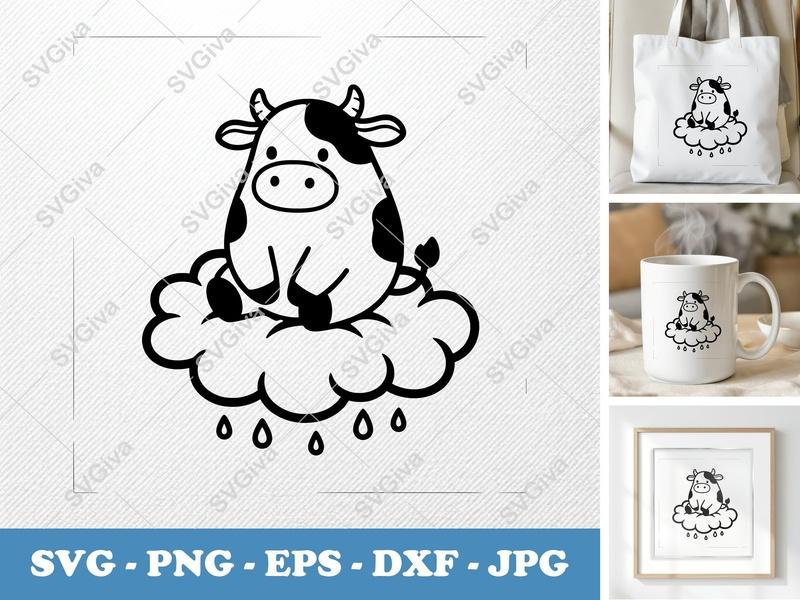 Cow SVG | Cute Baby Calf on Cloud with Raindrops Cut File | PNG EPS DXF for Cricut & Silhouette | Farm Animal Clipart