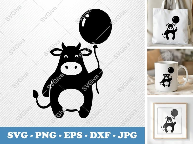 Cow SVG | Cute Baby Calf with Balloon Design | Farm Animal Cut File for Cricut, Silhouette | PNG, EPS, DXF Included