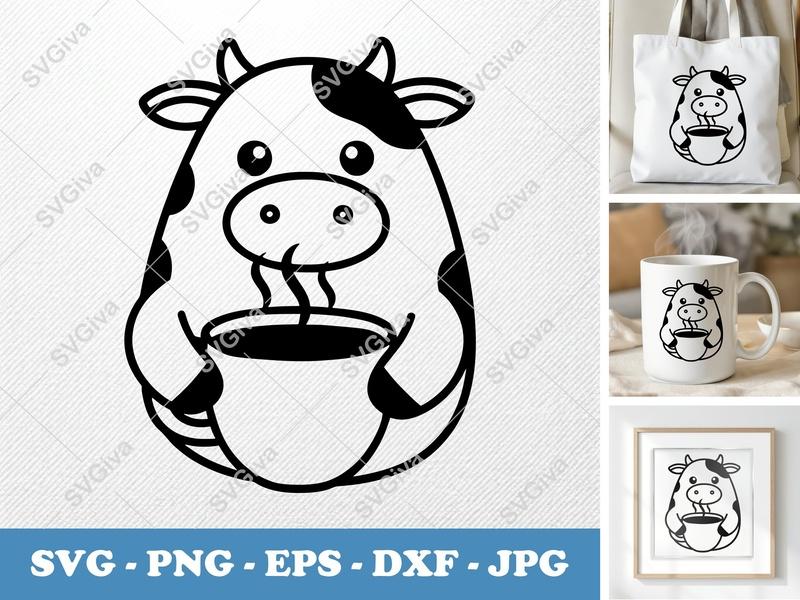 Cow SVG | Cute Baby Calf with Coffee Mug | Modern Farm Animal Design | PNG EPS DXF for Cricut & Silhouette