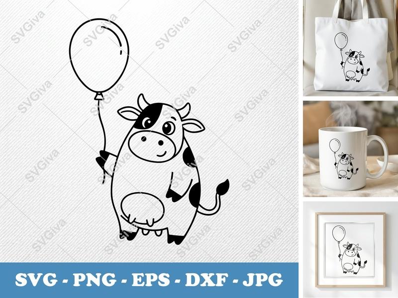 Cow SVG | Cute Cartoon Animal with Balloon | Farm Animal Clip Art | Modern Clean Design | PNG EPS DXF for Cricut Silhouette
