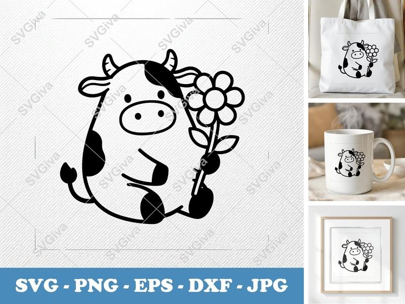 Cow SVG | Cute Cartoon Animal with Flower | Farm Vector Art | Dairy Clipart for Cricut, Silhouette | PNG EPS DXF Files