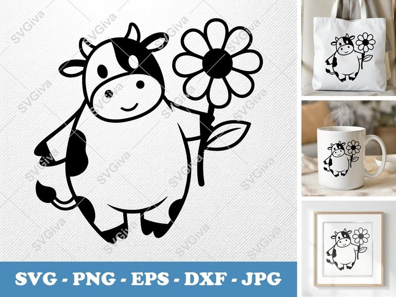 Cow SVG, Cute Cartoon Calf with Flower, Farm Animal Digital Download, Modern Clean Design for Cricut, Silhouette | PNG EPS DXF