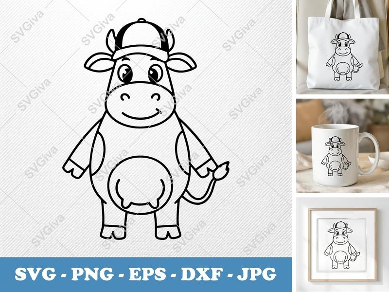 Cow SVG, Cute Cartoon Calf with Hat, Farm Animal Clipart, Digital Download PNG, EPS, DXF for Cricut & Silhouette