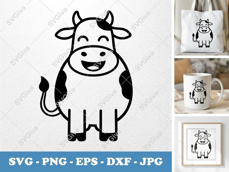 Cow SVG, Cute Cartoon Dairy Farm Animal, Happy Face Cut File | PNG EPS DXF for Cricut & Silhouette, Modern Farmhouse Clipart