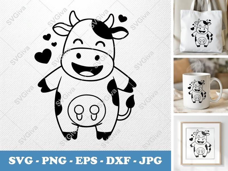Cow SVG | Cute Cartoon Smiling Cow with Hearts | Farm Animal Clipart | PNG EPS DXF for Cricut & Silhouette