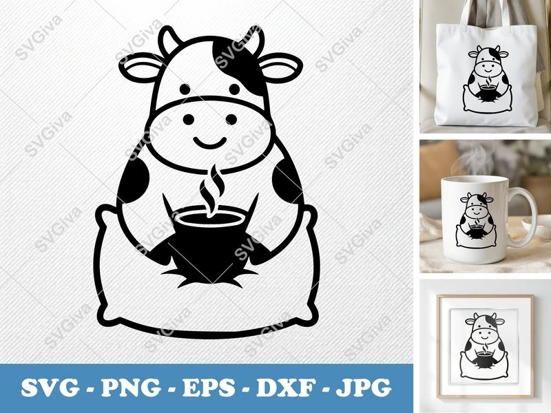 Cow SVG | Cute Farm Animal Drinking Coffee Clipart | Modern Clean Design | PNG EPS DXF for Cricut & Silhouette