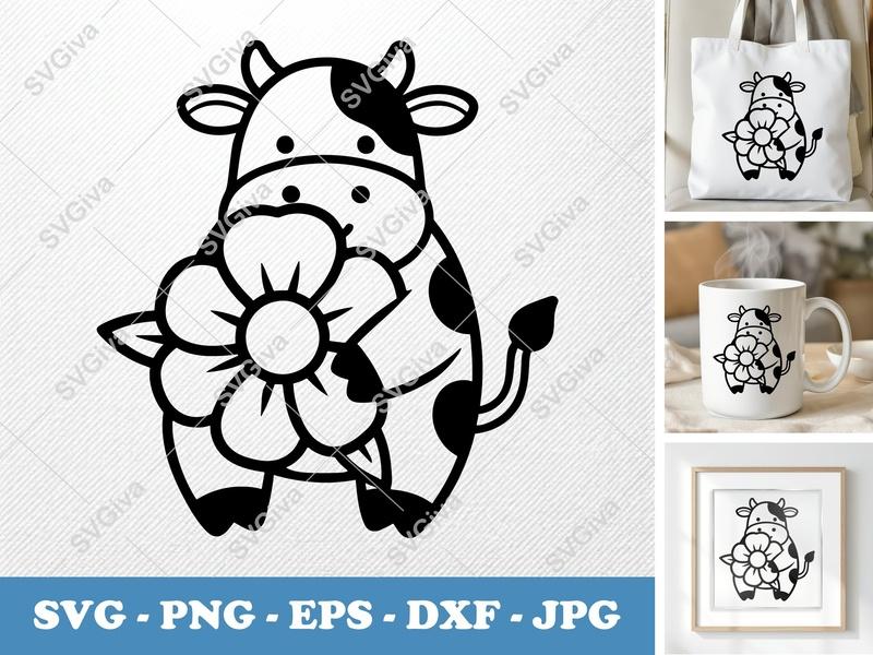Cow SVG, Cute Floral Farm Animal Clipart, Modern Daisy Flower Cut File for Cricut, Silhouette | PNG EPS DXF Vector Art