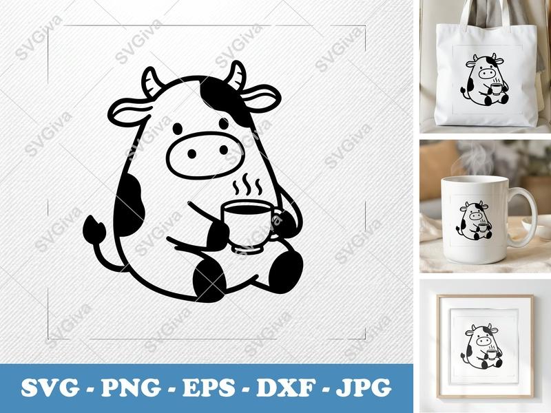 Cow SVG, Cute Modern Cow with Coffee Mug Clipart, Farm Animal Vector Cut File for Cricut, Silhouette | PNG EPS DXF