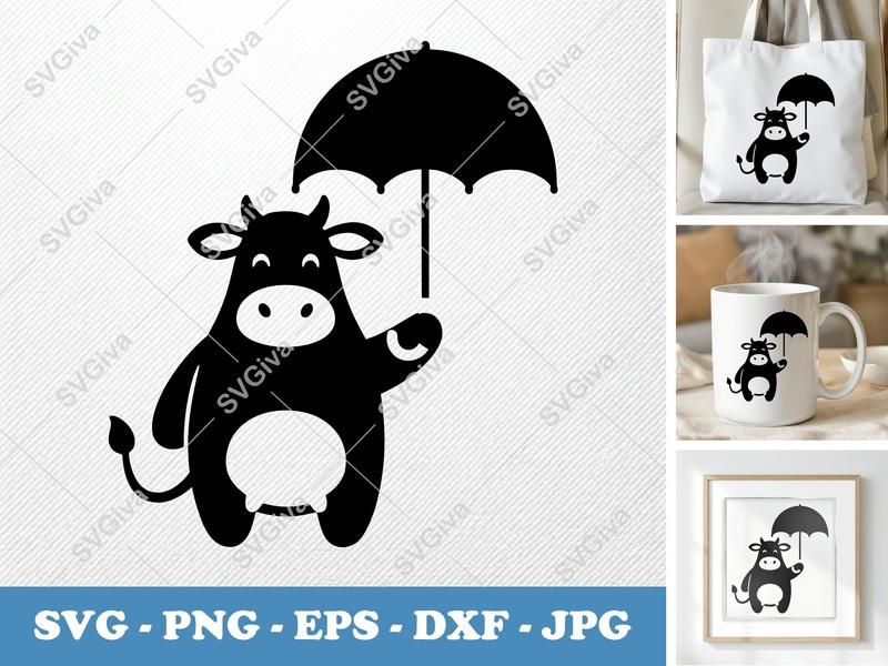 Cow SVG | Cute Umbrella Cow Silhouette, Farm Animal PNG EPS DXF | Cricut & Silhouette Cut File, Modern Design Clipart