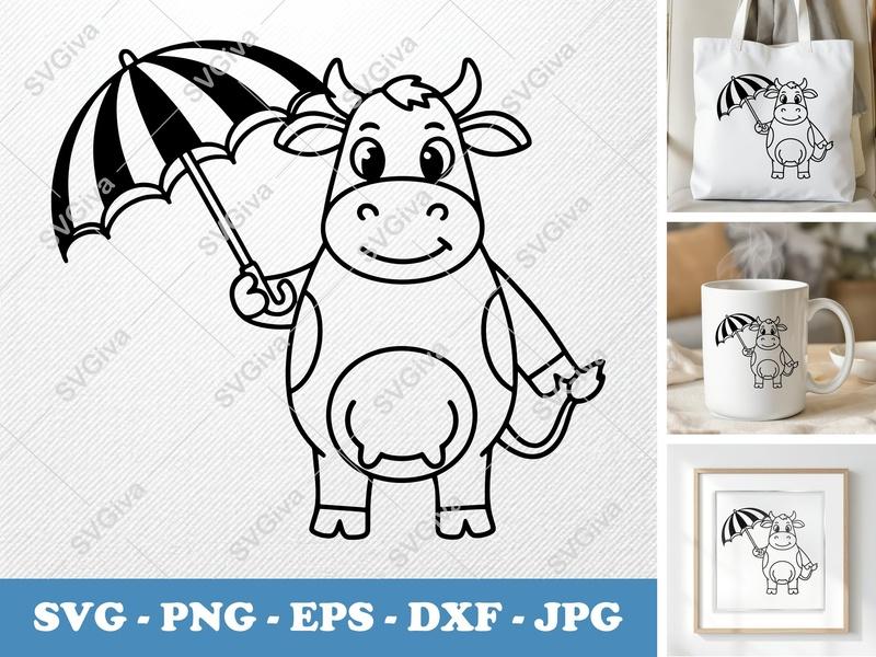 Cow SVG | Cute Umbrella Design, Farm Animal Clipart, Modern Line Art | PNG EPS DXF for Cricut & Silhouette