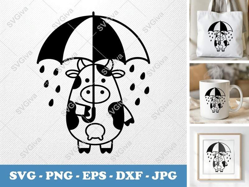 Cow SVG, Cute Umbrella Rain Farm Animal Clipart, Modern Clean Design PNG EPS DXF for Cricut, Silhouette