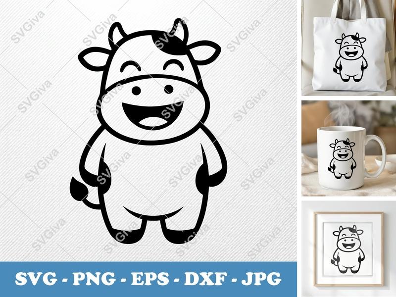 Cow SVG, Happy Cartoon Calf Cut File, Farm Animal Vector, Cute Dairy Cow SVG PNG EPS DXF for Cricut & Silhouette