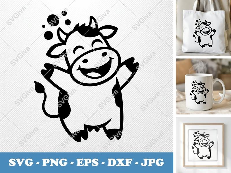 Cow SVG | Happy Cartoon Calf | Farm Animal Vector Cut File | Cute Dairy Moo PNG EPS DXF for Cricut, Silhouette
