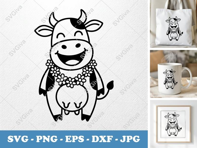 Cow SVG | Happy Cartoon Farm Animal with Flowers | PNG EPS DXF for Cricut & Silhouette, Cute Dairy Cow Cut File