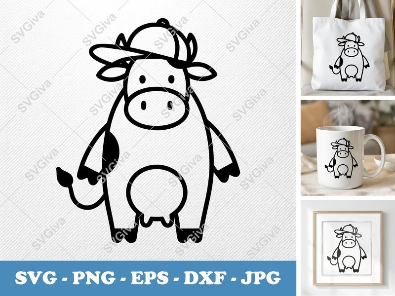 Cow SVG, Modern Cartoon Cow with Baseball Cap Design, Farm Animal Clipart, PNG, EPS, DXF for Cricut & Silhouette