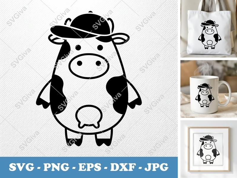 Cow SVG, Modern Cartoon Cow with Baseball Cap, Farm Animal Clipart | PNG EPS DXF for Cricut & Silhouette, Cute Dairy Cow Design